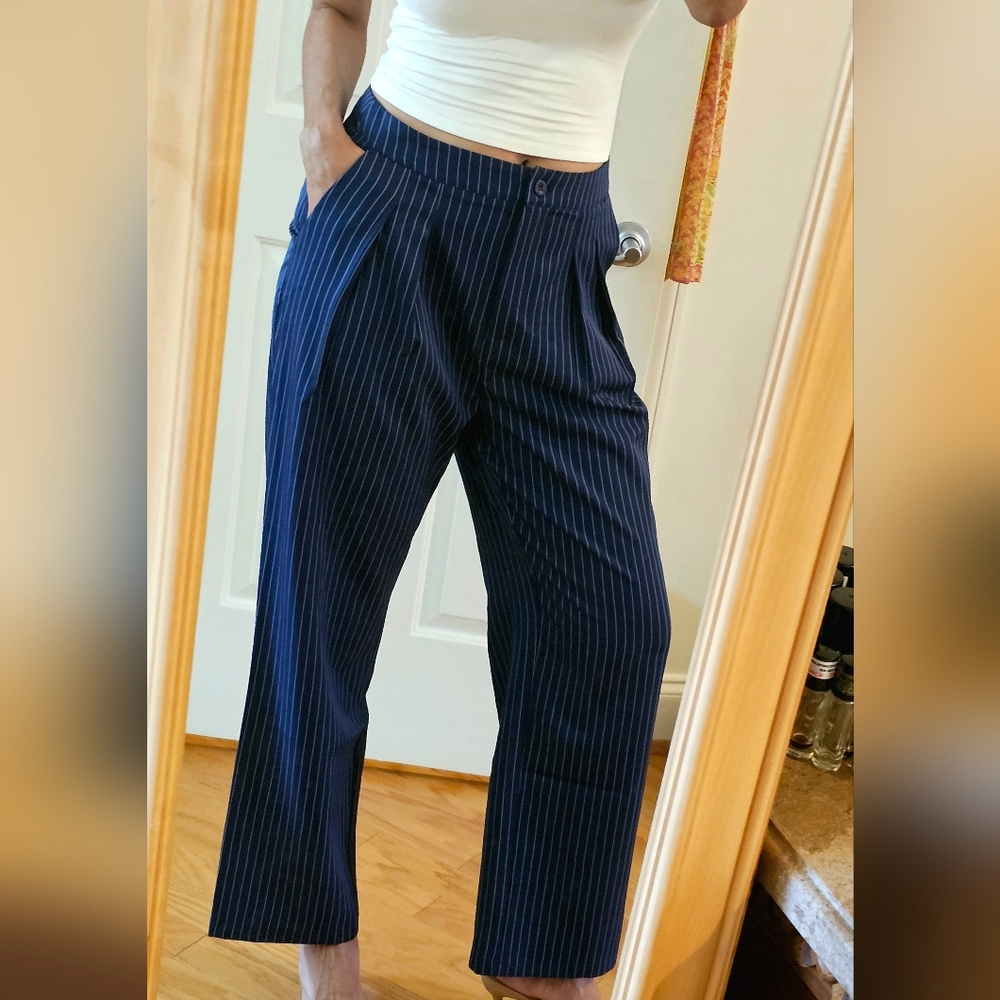 Commense Navy Pinstripe Pleated Wide-Leg Pants NWT Size Large-mango-zara-H&M - Picture 5 of 6